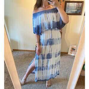 Bohome blue and white tie dye off shoulder maxi dress
